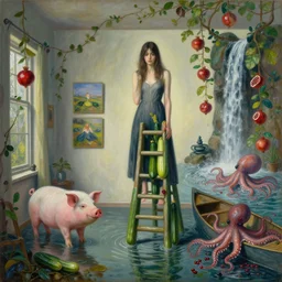 painting of a flooded artist's apartment and a tall emo girl holding a ladder made of courgettes, a pig, paintings on the wall, pomegranates, vines, waterfall, octopus, canoe, berries, zen, sensual, surrealist painting by magritte and rousseau and monet