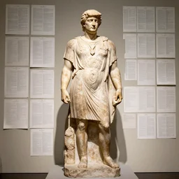 ancient greek stone statue, donald trump, mueseum, lots of paper documents