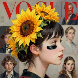 sunflower tiara, football eye black, korean audrey hepburn, vogue magazine, greg rutkowski, john singer sargent, trending on artstation, anime, oil painting, side profile portrait, looking right, intricate
