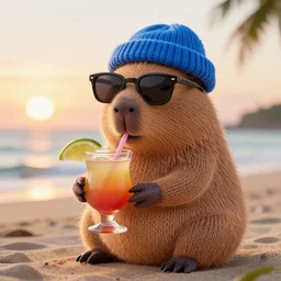 a photorealistic photograph of a knitted cute Capybara dressed in sunglasses and a blue beanie cap. The subject is sipping from a refreshing Mai Tai cocktail at the beach during sunset. The image is Trending on Artstation, featured on Behance, well-rendered, extra crisp image, intricate detail, Unreal Engine, 4K HD