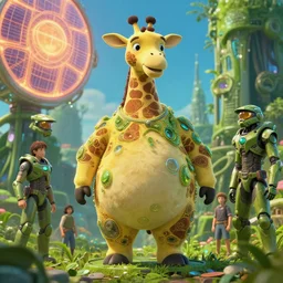 studio ghibli, fat giraffe, solar, green technology, optimist future by asher durand. intricate artwork by tooth wu and wlop and beeple and dan mumford and greg rutkowski and nekroxiii. halo. octane render, cinematic, hyper realism, octane render, 8 k, depth of field, bokeh. iridescent accents. vibrant