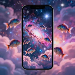 fish swimming around, clouds, nebulae, starburst, neon colors, dreamy, phone wallpaper, 4 k, unreal engine, artstation, colorful, beautiful