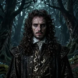 portrait of mournful, dangerous, mysterious James Frain's  Cromwell as a king of the fairy forrest. The background is a dark, creepy eastern europen forrest.  night, horroristic shadows, high contrasts, lumnious, theatrical, character concept art by ruan jia, thomas kinkade, and J.Dickenson, trending on Artstation