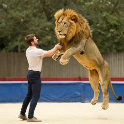 a man training a lion to jump in a circus, kieran belshaw