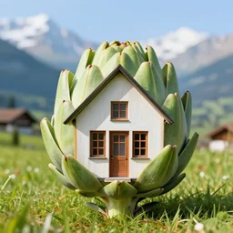 a house in the shape of an artichoke. switzerland in the background