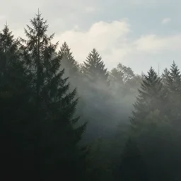 a picture of a forest with a sky background, a detailed matte painting by elsa bleda, featured on unsplash, tonalism, soft mist, mist, made of mist