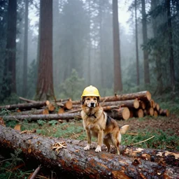 dog wearing hard hat in clear cutting logging operation, fog, old growth forest, ektachrome, photo from 1 9 9 8,