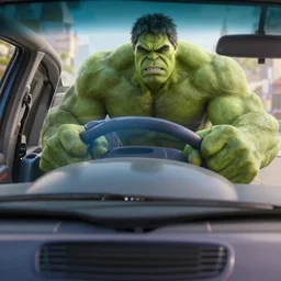 film still of hulk driving a prius in the new avengers movie, 4 k