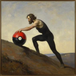 sisyphus rolling a pokeball up a hill, oil painting, louvre