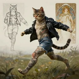 tattooed cat wearing a jacket and ripped shorts running and dancing in a field, character sheet, character design,, contrast, deep focus, turnaround, highly detailed, dramatic lighting, digital painting, artstation, concept art, matte, sharp focus, illustration, elegant, art by artgerm and greg rutkowski and alphonse mucha.