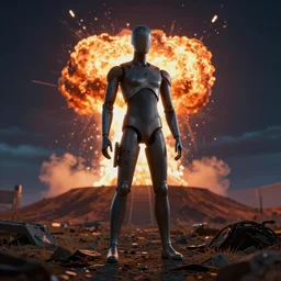 a mannequin standing in a hill with a nuclear detonation in the background, 3 d render, octane, ray tracing, ultra detailed, photorealistic, ultra high resolution, 8 k, night time