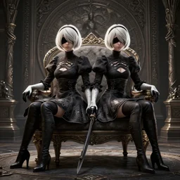 2 b from nier automata sitting in a chair 3 d render, insanely super detailed, realistic octane render, 1 6 k, detailed in front of an intricate background. art by james merry, micro detail, backlit lighting, subsurface scattering, physically based rendering, trending on cgsociety