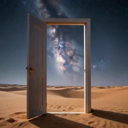 surrealist open doorway to milky way, in middle of the desert during daytime