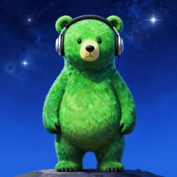 a green humanoid bear with headphones looking in front of the camera by inio asano, beeple and james jean, aya takano color style, 4 k, blue, super detailed, night sky, digital art, digital painting, celestial, majestic, colorful, front