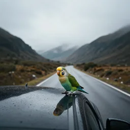 large lovebird on roof of car, landscape photography, mountains, cinematic, wide shot, low angle, wet road, reflective