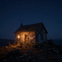 A decrepit unlit cottage on a mountaintop at night, lit by a single torch, by Bastien LeCouffe-Deharme, hyperrealistic, V-Ray 8k UHD