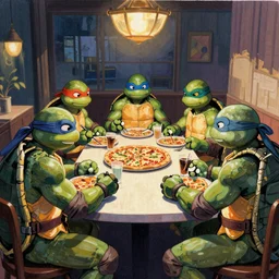 ninja turtles last supper, pizza everywhere, painterly
