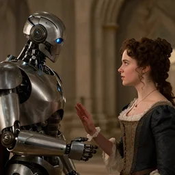detailed, sharp, a girl greeting the humanoid robot king, wearing 1850s era clothes, in a castle, extremely highly detailed, highly detailed faces, in focus faces, still from a period sci fi movie, 4k, cinematic lighting