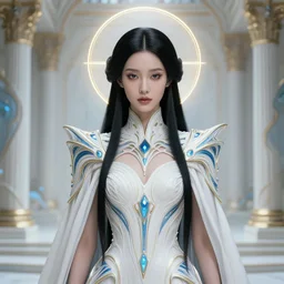 detailed portrait glam black hair girl with light skin, intricate, futuristic, elegant cape, elegant, alien room background, white, blue, gold, photorealism, trending on artstation, holy halo, art by moebius and vitaly bulgarov and chanthara