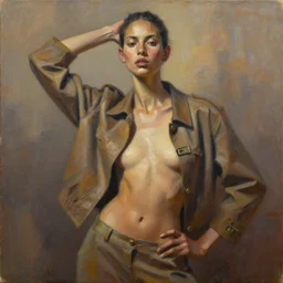 portrait in daring femininity, ethnic, realistic face sculpted features, thin and statuesque model, graceful pose, urban outfit with jacket and buckles, warm glow, bathed in light, chiaroscuro, specular highlights, angular impressionism, radiosity, natural color scheme, earthy tones, modern fashion, contemporary art, oil on canvas