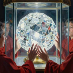 closeup of worshippers in red robes holding a very complex gigantic reflective glowing glass crystal tesseract orb violently illuminating a small glass room with glass windows, very bright white light, small room!!!, glass room, glass, enlightening!, closeup!!!!, high detailed beksinski painting, part by adrian ghenie and gerhard richter. masterpiece, bright white