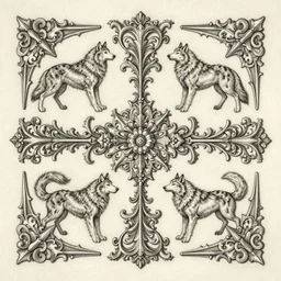 highly detailed etching of beautiful decorative ornament with spirit wolves, decorative design, classical ornament, bilateral symmetry, symmetrical, hajime sorayama aaron horkey, gaston bussiere, craig mullins