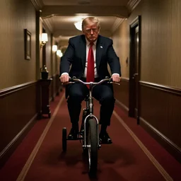 donald trump as danny from the shining, rides his big wheel tricycle down a spooky long mar - a - largo hotel hallway, atmospheric, in the style of kubrick