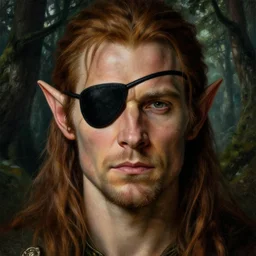 close up portrait of ed skrein as an elf in mysterious forest with an eye patch, by edgar maxence and caravaggio and michael whelan and delacroix style, artistic, intricate drawing, light brazen, realistic fantasy, extremely detailed and beautiful aesthetic face, 8 k resolution, dramatic lighting