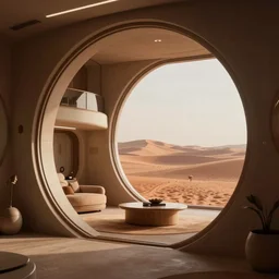 a small futuristic apartment interior in the style of dune, warm moody lighting, large round window,  wide angle lens, trending on artstation, 8k,