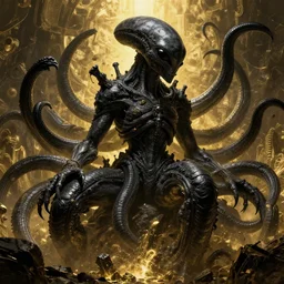 giant ancient alien tentacles artwork by yoshitaka amano, black and gold, detailed background, extremely detailed, octane rendering, sharp focus, volumetric light, particles, unreal engine 5, rtx