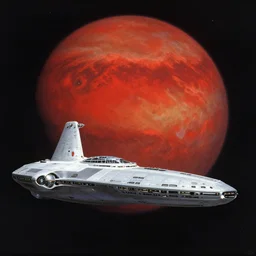 a star trek ship in front of a red planet, a detailed matte painting by ralph mcquarrie, featured on cgsociety, space art, reimagined by industrial light and magic, concept art, sci - fi