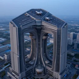 a wide shot of a sci - fi beautiful neo - brutalist monumental multi - building structure, tall brutalist facilities with spaceship parking lots on top, with many rounded elements sprouting from the base tower creating a feel of an organic structure, photography shot at blue hour