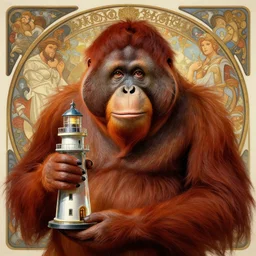 portrait of red orangutan as nuar detective man holding lighthouse as magnificent glass, male, smart, clever, intricate, elegant, highly detailed, my rendition, digital painting, artstation, concept art, smooth, sharp focus, illustration, art by artgerm and greg rutkowski and alphonse mucha and uang guangjian and gil elvgren and sachin teng, symmetry!!
