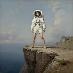 a beautiful girl with the head of an astronaut standing on the edge of a cliff, wide angle, tim hildebrandt, bruce pennington, donato giancola, oil on canvas, masterpiece, trending on artstation, cinematic composition, dramatic pose, beautiful lighting, sharp, details, hyper - detailed, hd, hdr, 4 k, 8 k