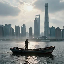 movie still of a fisher man on a barque on a river with shanghai skyscrapers background, cinestill 8 0 0 t 3 5 mm, high quality, high detail, panoramic, cinematic, dramatic light, foggy, octane render
