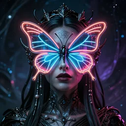 a portrait of a beautiful woman with a neon butterfly covering her face head, cult secret society art by james paick, and shaddy safadi, ominous, cosmic horror, trending on artstation, ultra detailed, hyper realistic 4 k, octane, cinema 4 d, c 4 d render artgerm, wlop, cryengine, lumion render, 8 k realistic hyper detailed, digital