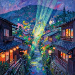 a beautiful japanese city in the mountain, amazing ryokans and gorgeous edo era houses, yokai all around, epic cyberpunk, visible pipes, lanterns, lofi vibe, colorful, vivide colors, amazing light, light beams with dust, really mesmerizing nature, by jeremy lipkin, by claude monet, by makoto shinkai, kandinsky touches, inspired by ghibli, masterpiece, beautiful