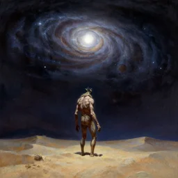 solitude of wise hunchback Sand Deity, under galactic quarrel minatory sky, in the style of Frank Frazetta, Jeff Easley, Caravaggio, extremely clear and coherent, clear lines, 8K resolution