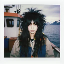 black - haired girl with wild spiky black saiyan hair with long bangs over her eyes, hair covering eyes, wearing casual clothing, standing on an alaskan fishing vessel, 1 9 6 5, polaroid, kodachrome, grainy photograph