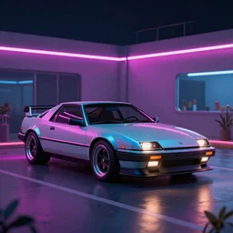 photoreal synthwave sports car, 1980s aesthetic, neon lights, raytraced lighting, global illumination, rendered in mental ray, octane render, 8k