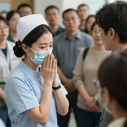 Award-winning photograph of a nurse begging for a day off in front of her boss, a crowd is gathered around, 8k, ultra realistic