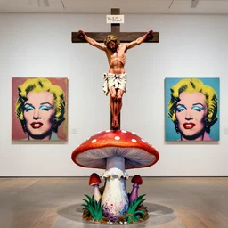 bloody christ crucified on a very big mushroom painted in by cy twombly and andy warhol