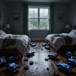 sparse bedroom with lots of bags of oreos littering the floor, moody lighting, rainy day