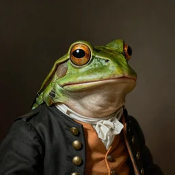an anthropomorphic frog wearing a colonial frock jacket looking off camera, head and shoulders portrait by peregrino, tintoretto, van dyke, peter paul rubens, jean baptiste greuze, giovanni battista piazzetta, fayum, diego velazquez, anders zorn, herbert james draper, trending on artstation, highly detailed, hyperrealism, hyper detail