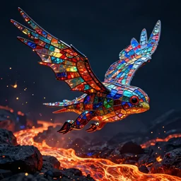 maximalist flying creature made out of stained glass, dark scene illuminated by lava rivers and fireflies, thomas cole, octane render, 4 k, ray tracing, specular highlights, 4 k, desktop wallpaper, trending on artstation