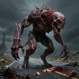 Giant fanged limb monster walks in the road. Drops of blood and meat with veins. There are dead bodies on the road. Dark colors, high detail, hyperrealism, horror art, intricate details, masterpiece, biopunk, body-horror, art by Beksinski, Giger