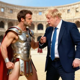 a gladiator arena, boris johnson wrestle with emmanuel macron