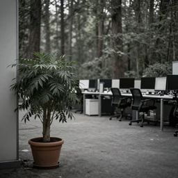 photography of a boring desaturated office interior in forest, a potted plant,, desks and computers in the background