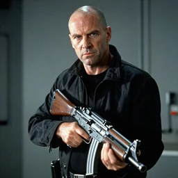bald Michael Biehn in Alien 3, carrying a pulse rifle in his hands, 1991 directed by David Fincher 4K