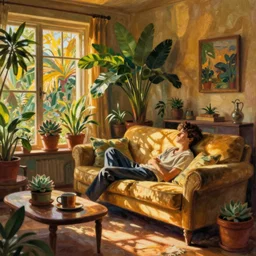 A cozy, warm living room, bathed in golden light, with many tropical plants and succulents, a figure is resting on an old couch, highly relaxing, sunday afternoon, living the good life, at peace, by André Derain